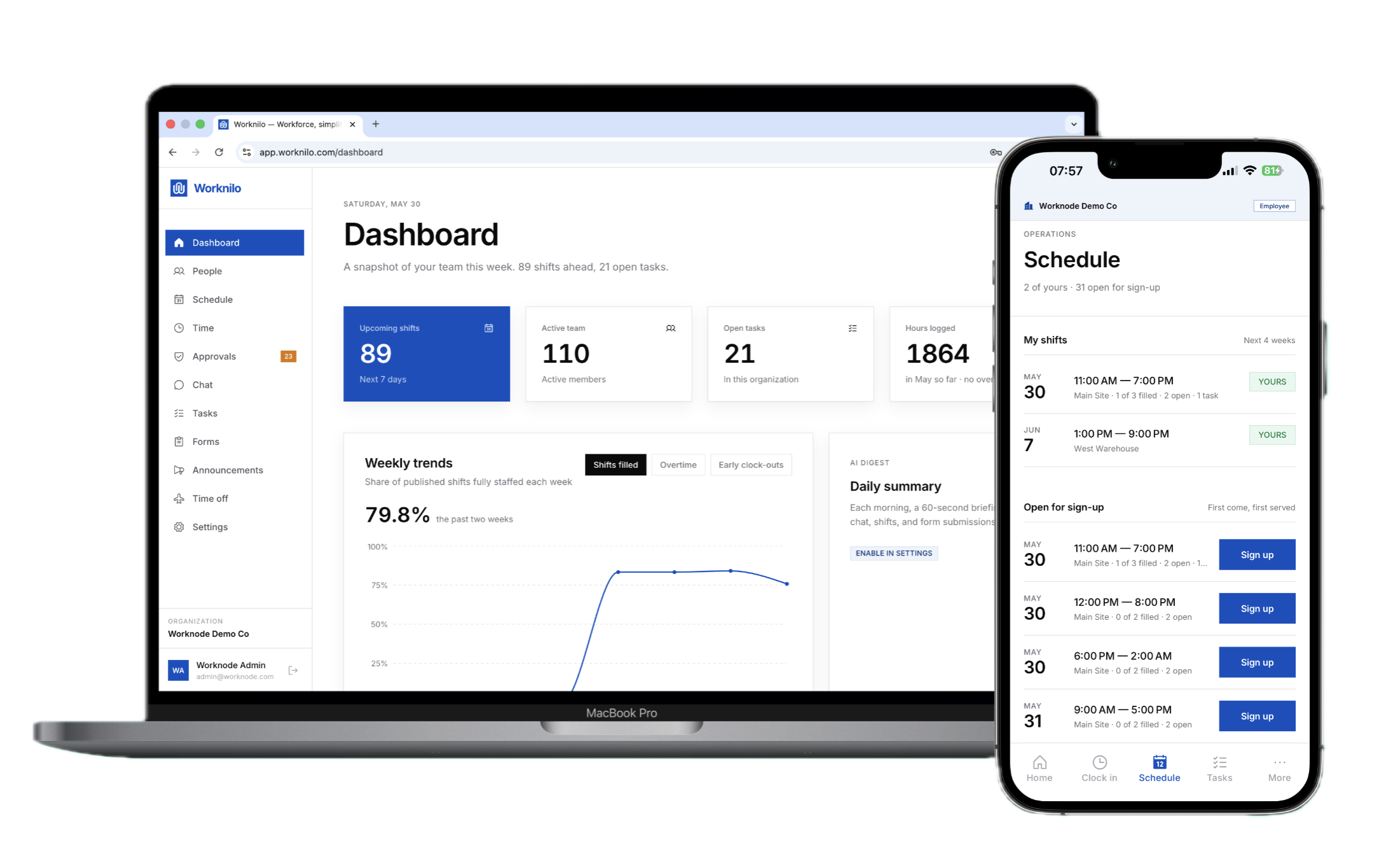 Worknilo admin dashboard on a MacBook and schedule view on an iPhone